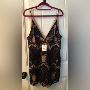 Free People Black Sequin Embroidered V-Neck Dress with Nude Lining